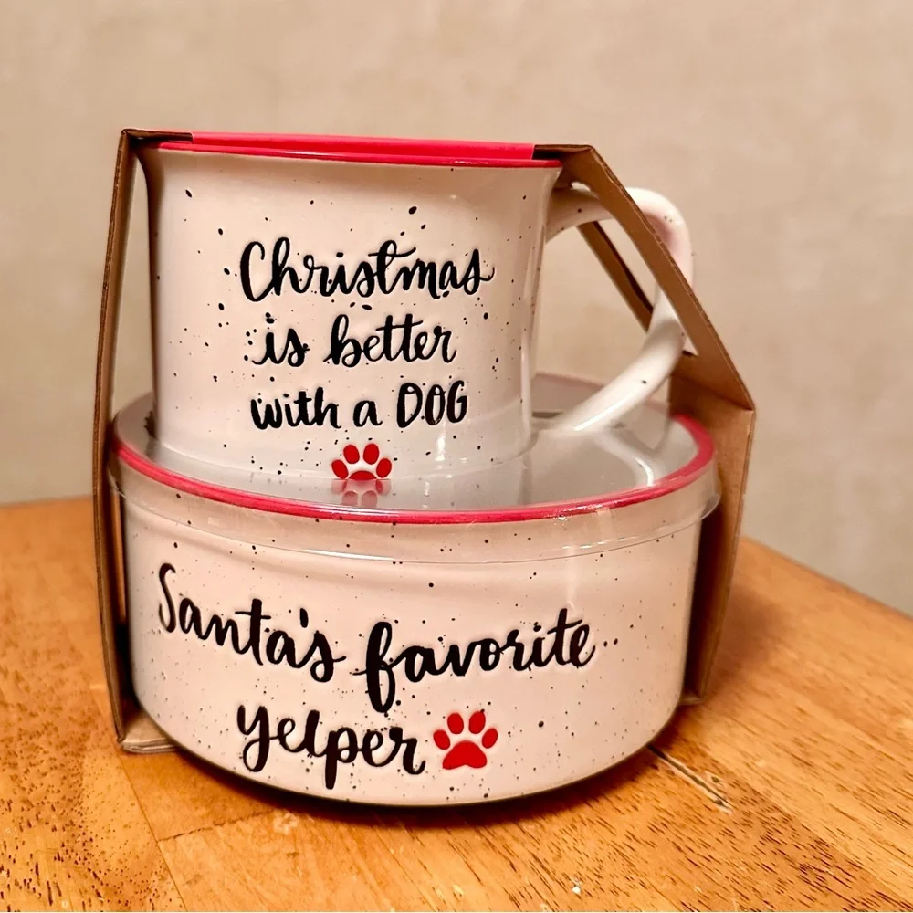 Eccolo Ceramic Dog Bowl & Camper Mug Set Santa's Favorite Yelper BRAND NEW!!